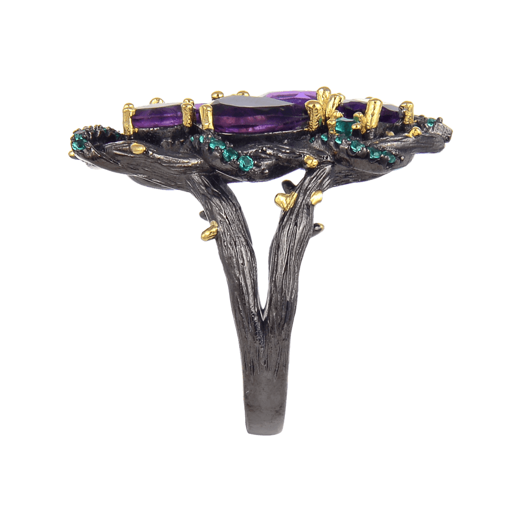 Exotic Nature Inspired Amethyst Ring.
$ 50 - 100, Amethyst, Purple, Green, Oval, Pear, 925 Sterling Silver, Cocktail 