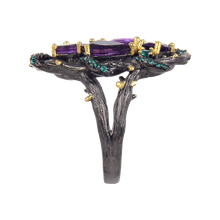 Load image into Gallery viewer, Exotic Nature Inspired Amethyst Ring.
$ 50 - 100, Amethyst, Purple, Green, Oval, Pear, 925 Sterling Silver, Cocktail 