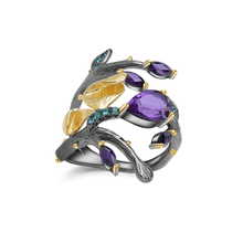Load image into Gallery viewer, Amethyst gold plated petal ring, pear shape gemstone, green, purple, spiral ring, nature inspired ring, affordable ring, statement ring