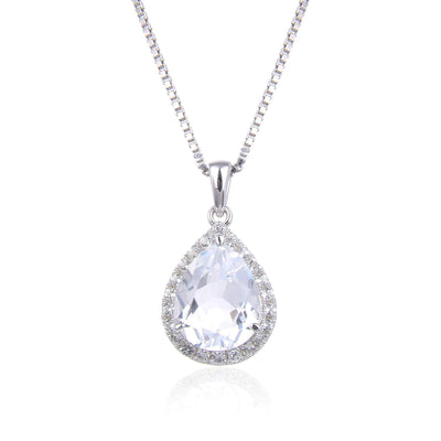 Classic White Topaz Pear Shaped Pendant.
$ 50 & Under, White Topaz, White, Pear, 925 Sterling Silver, Halo