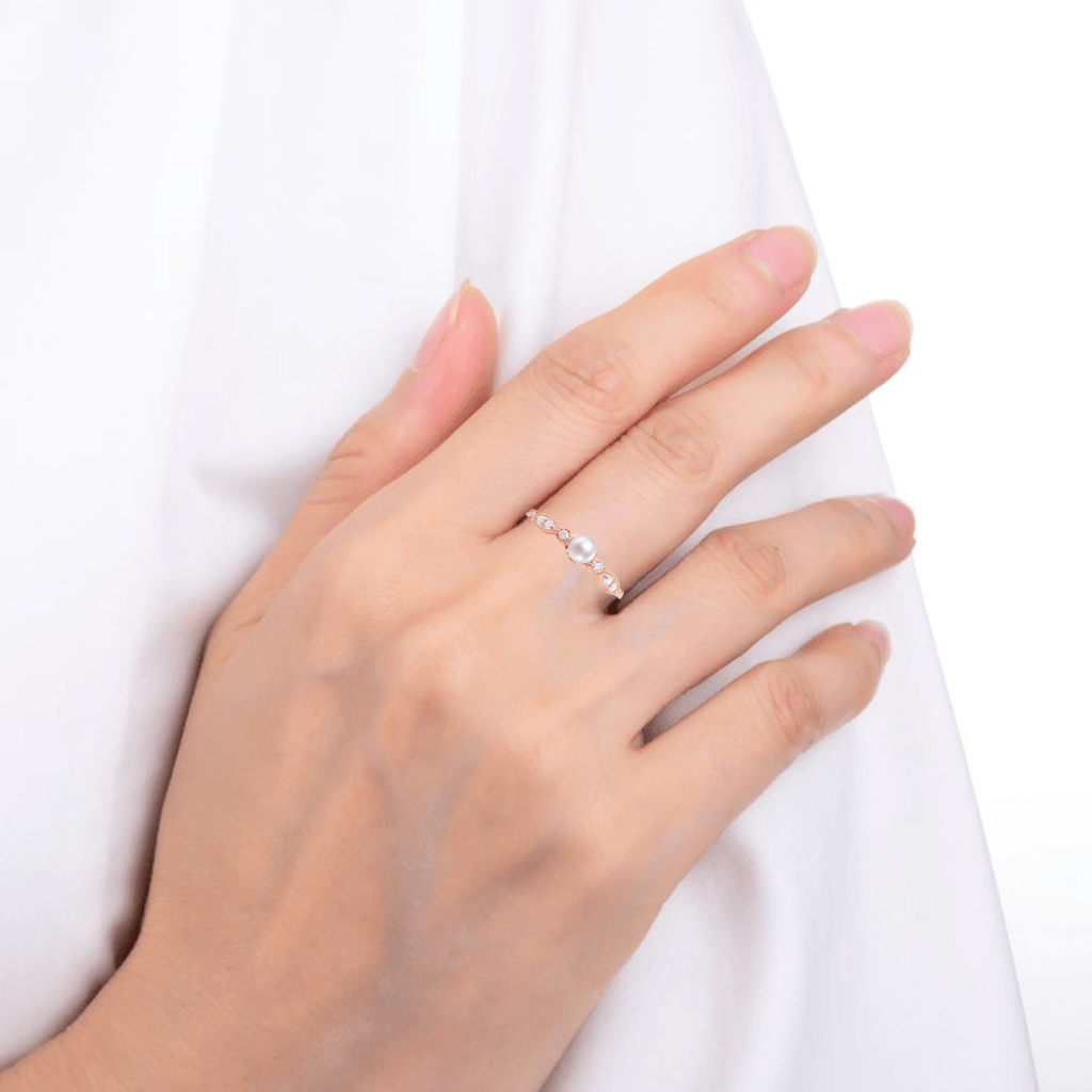 Round Pearl Ring 18k Rose Gold Plated Silver Ring June Birthday Gift for Her