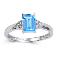 Load image into Gallery viewer, Blue Topaz Emerald Cut Solitaire Ring, emerald cut and trillion ring, wedding ring, stunning blue gemstone ring