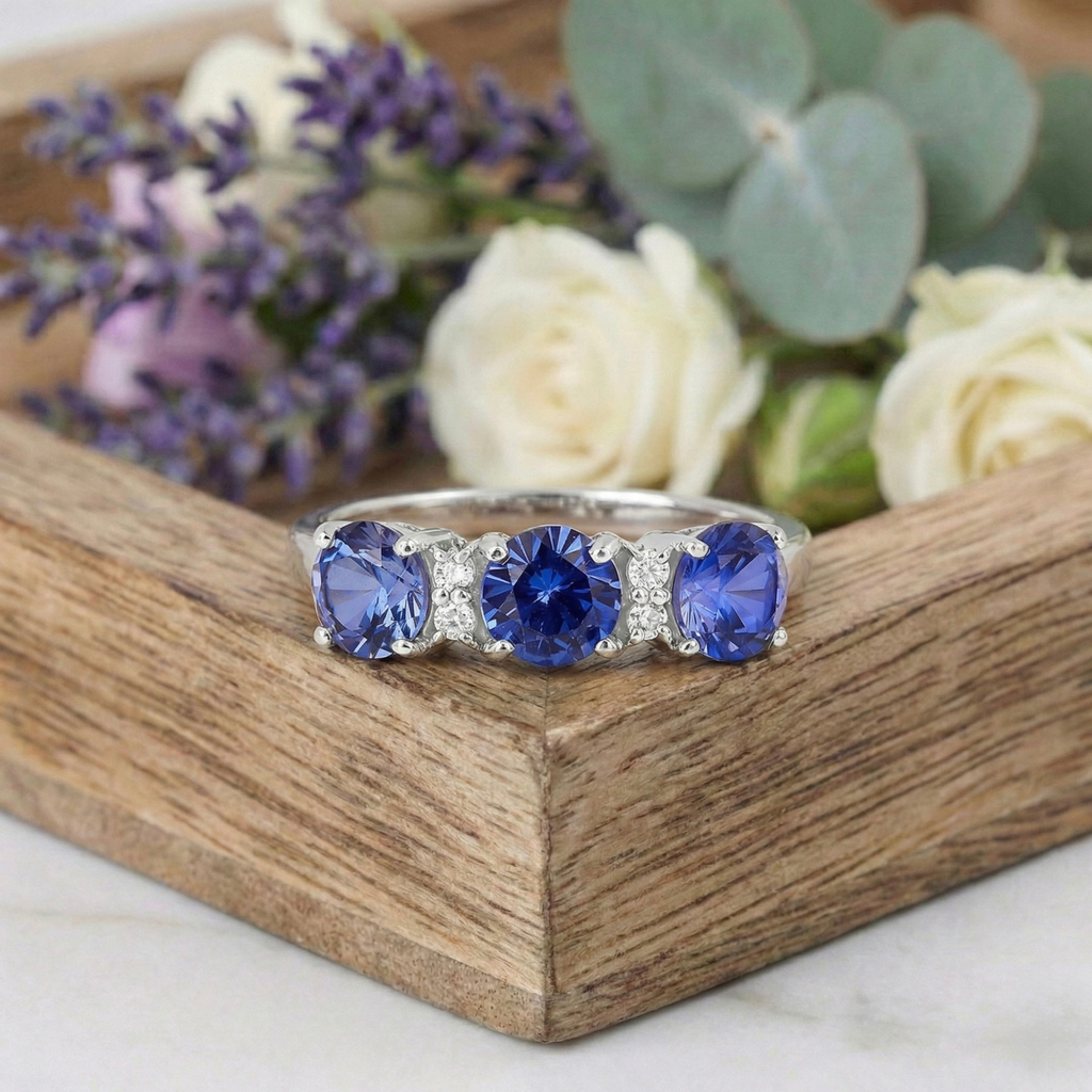 Three Stone Ceylon Blue Sapphire Ring