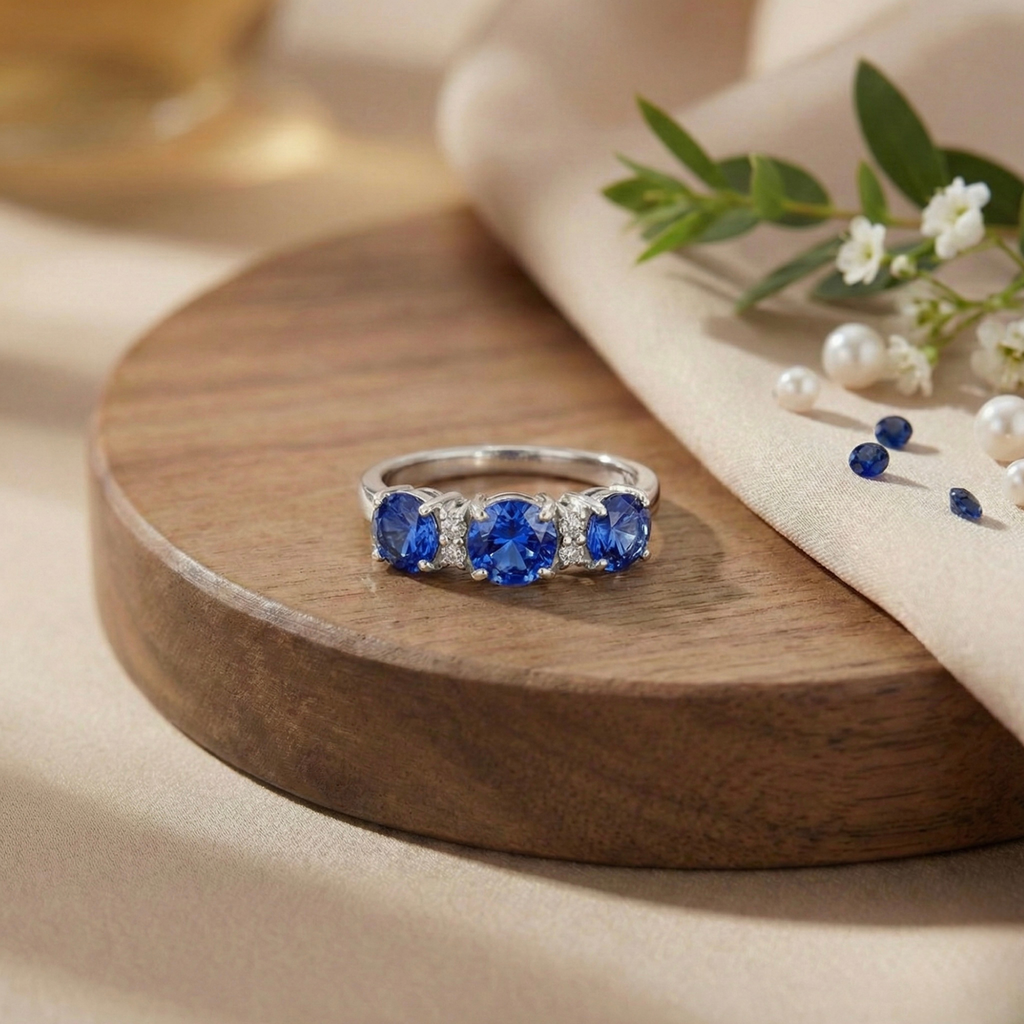 Three Stone Ceylon Blue Sapphire Ring