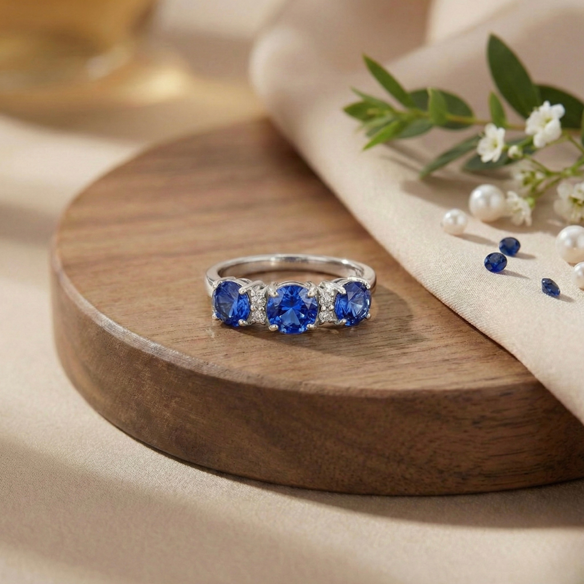 Three Stone Ceylon Blue Sapphire Ring