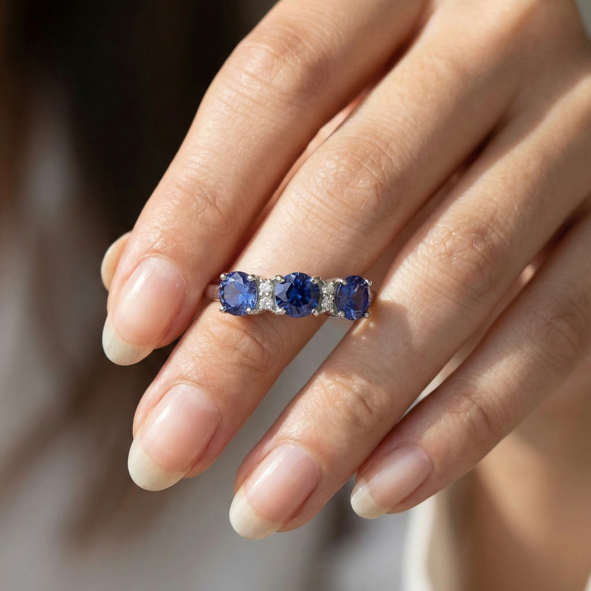 Three Stone Ceylon Blue Sapphire Ring