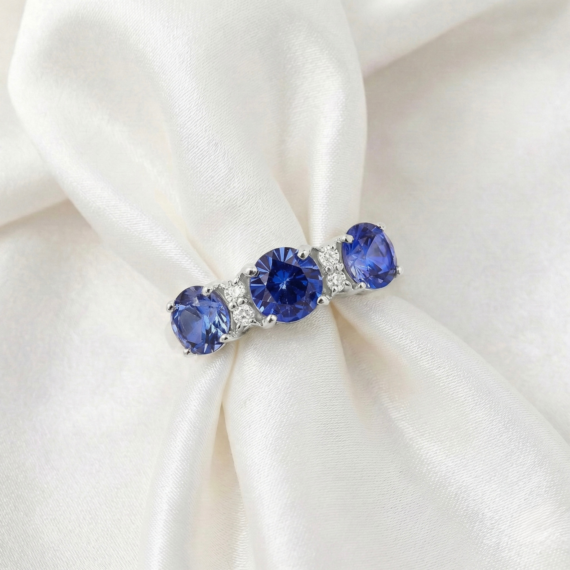 Three Stone Ceylon Blue Sapphire Ring