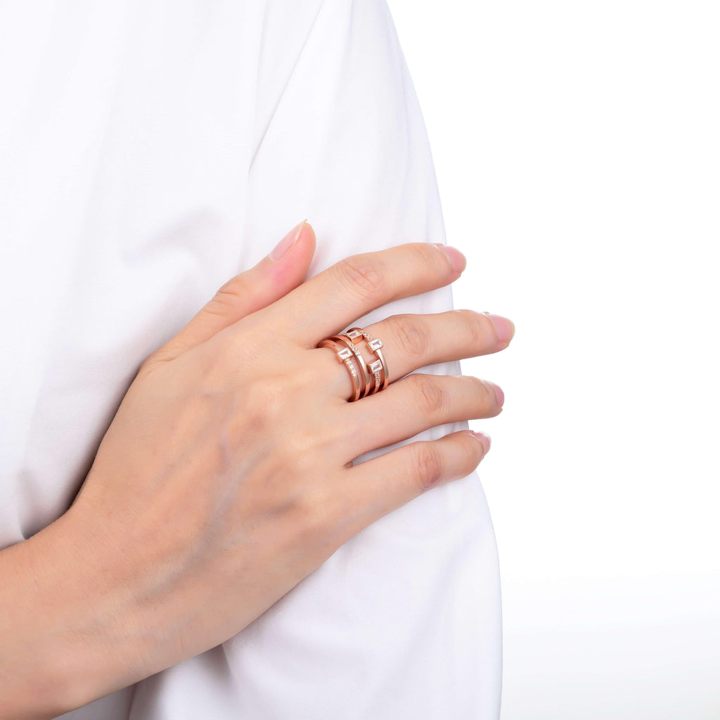 Solid Baguette White Topaz Rose Gold Plated Sterling Silver Ring with White Sapphire