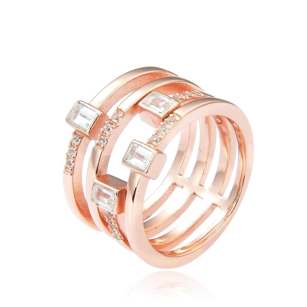 Solid Baguette White Topaz Rose Gold Plated Sterling Silver Ring with White Sapphire