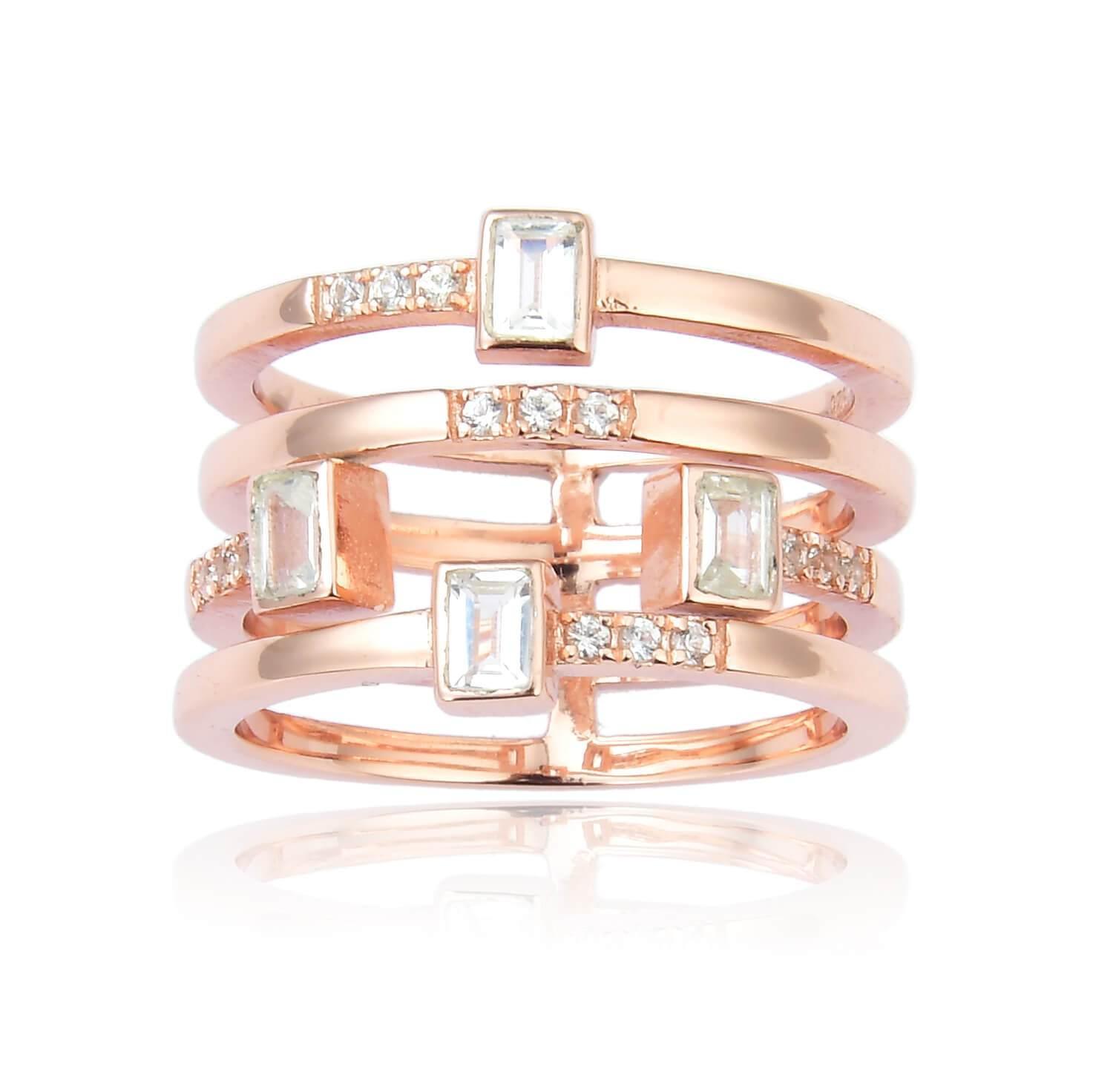Solid Baguette White Topaz Rose Gold Plated Sterling Silver Ring with White Sapphire