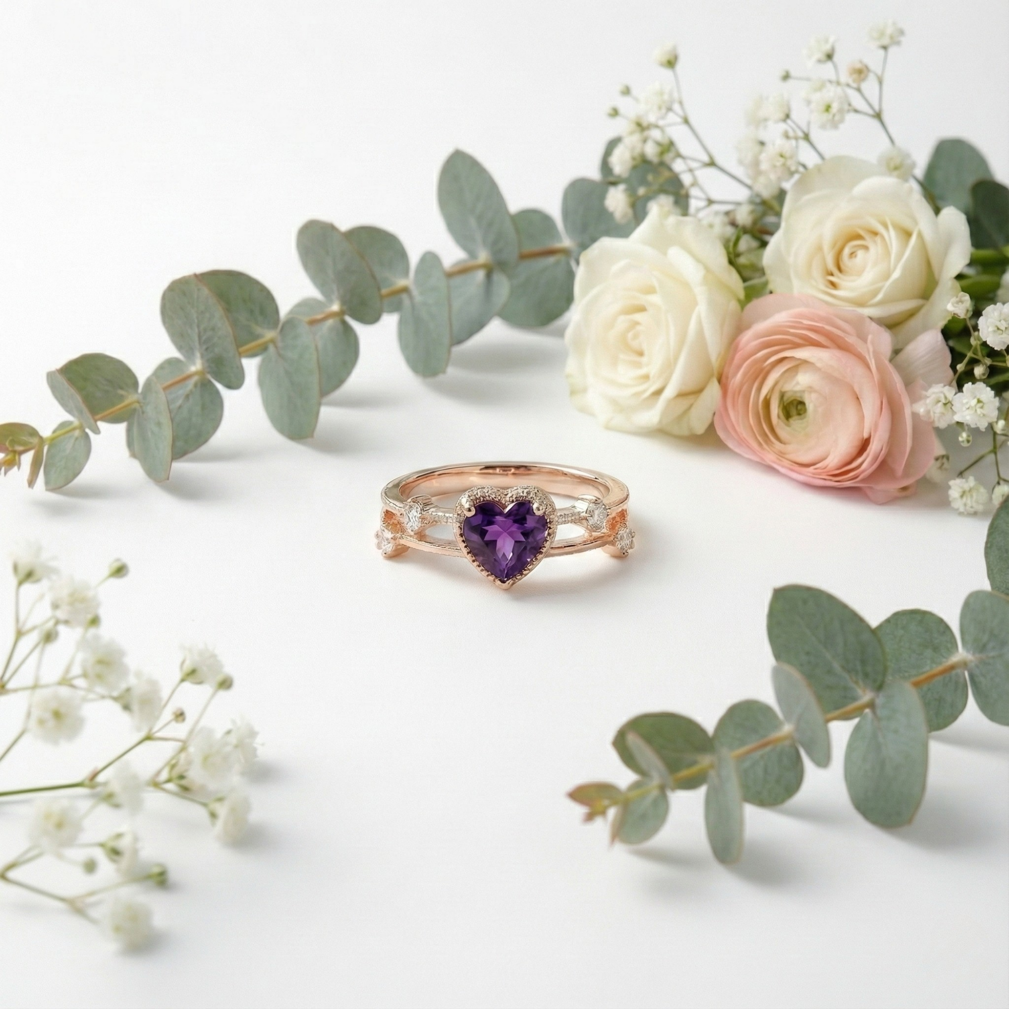 Amethyst Split Band Heart Ring