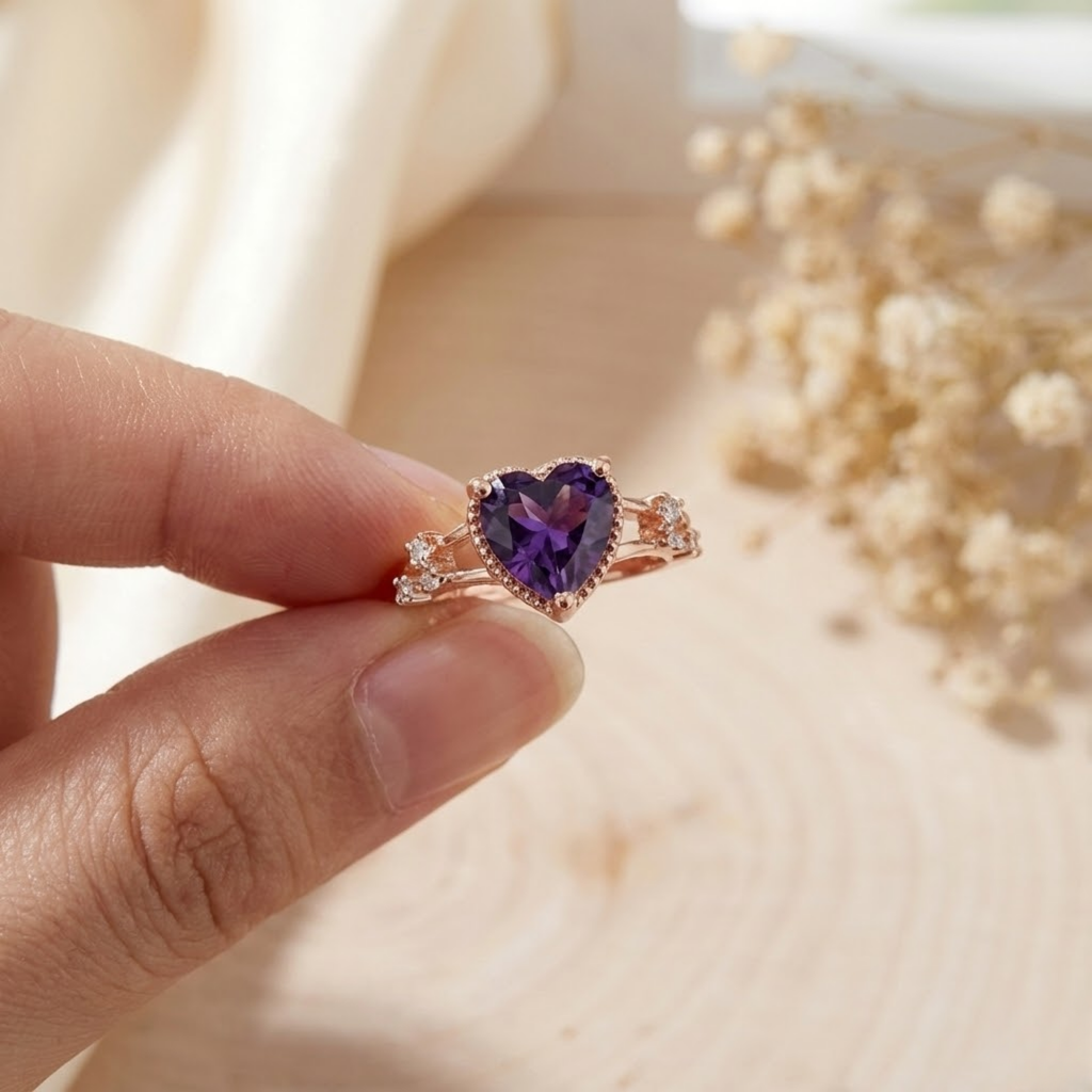 Amethyst Split Band Heart Ring