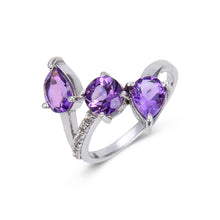 Load image into Gallery viewer, Signature Pear &amp; Round Amethyst White Topaz Ring.
$ 50 &amp; Under, 6, , Purple, Round Shape, Amethyst, Purple, White Topaz, 925 Sterling Silver, Three StoneRing.