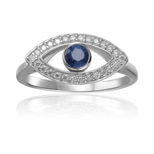 Load image into Gallery viewer, Blue Sapphire Evil Eye Ring, sapphire and moissanite ring, sterling silver plated sapphire ring