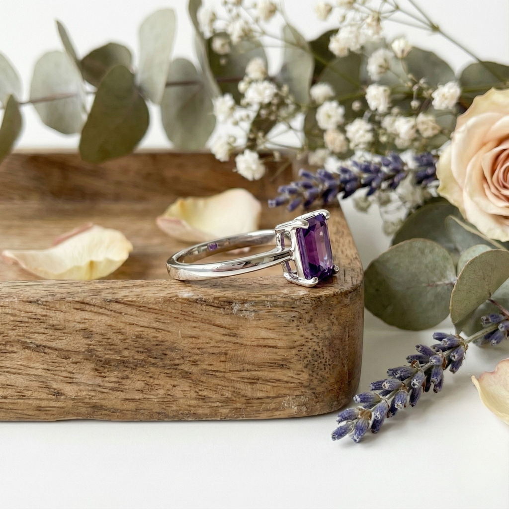 Amethyst Emerald Cut Solitaire Ring