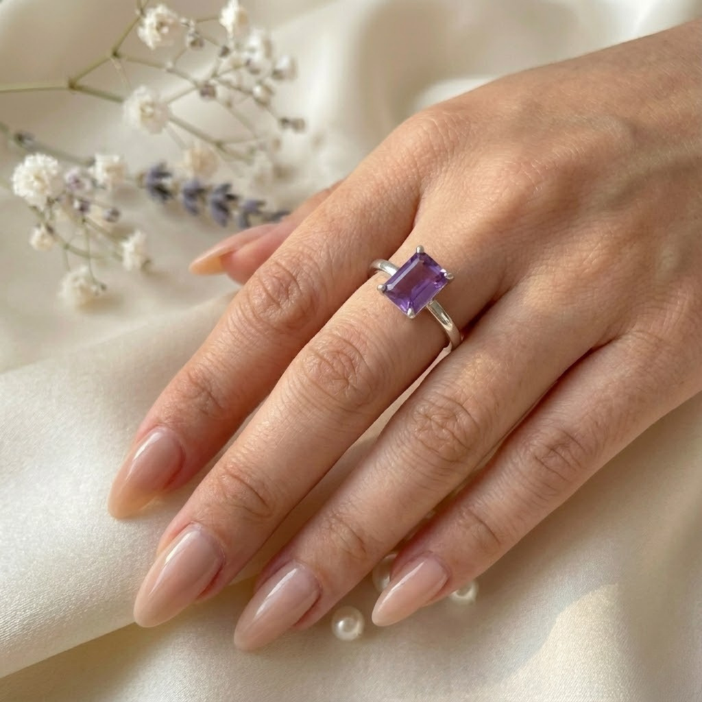Amethyst Emerald Cut Solitaire Ring