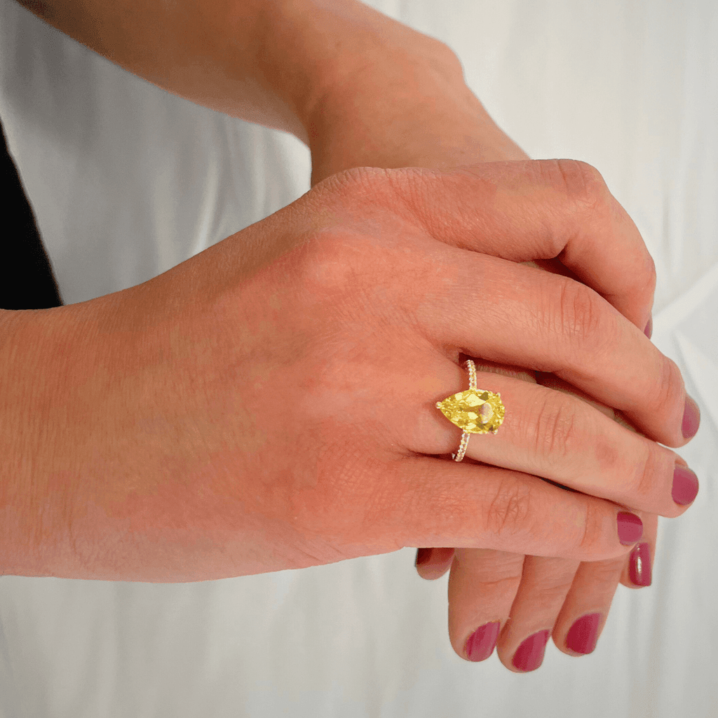 Canary Yellow Sapphire Ring with Accents 18K Yellow Gold Plated Sterling Silver Yellow Diamond Bold Ring Engagement Ring Gift for Women - FineColorJewels