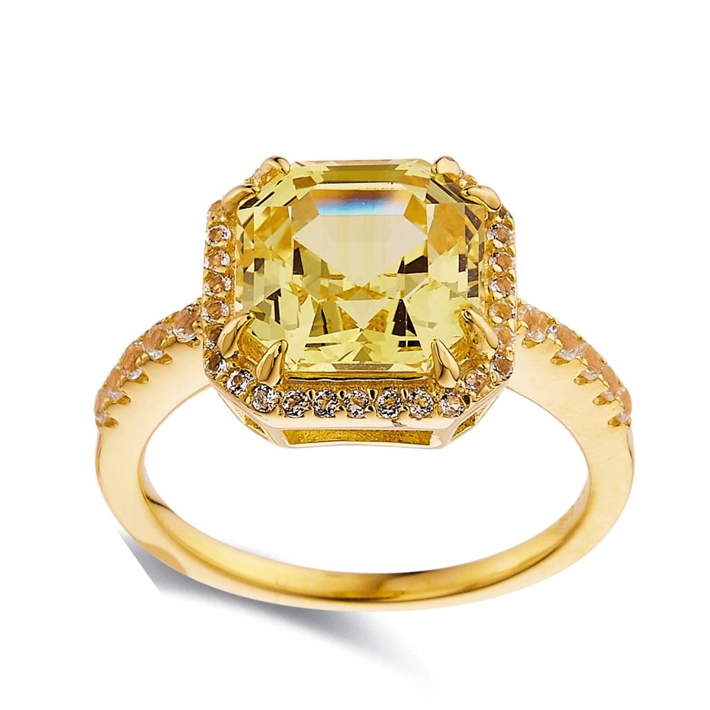 Asscher Cut Lab Grown Canary Yellow Sapphire, Topaz accented ring, Asscher cut halo ring, sapphire ring for her, 18K gold plated sterling silver ring
