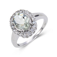 Load image into Gallery viewer, Sterling silver halo ring, green amethyst ring for women, cocktail ring for her, statement ring