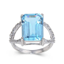 Load image into Gallery viewer, Blue Topaz Emerald Cut Statement Ring, topaz split band ring, stunning blue gemstone ring