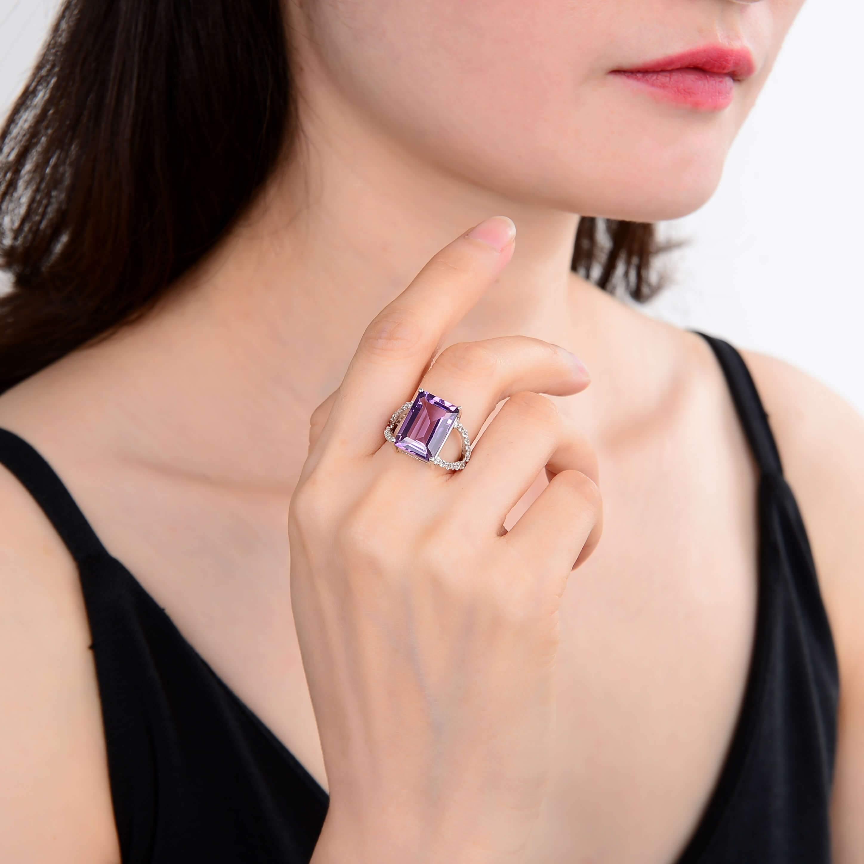 Model in amethyst ring, amethyst split band ring, Emerald cut octagon ring