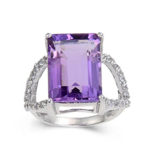 Load image into Gallery viewer, Statement Amethyst Emerald Cut White Topaz Ring, Sterling silver amethyst ring for women