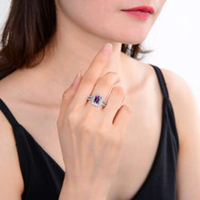 Load image into Gallery viewer, Classic Sterling Silver Emerald Cut Amethyst White Topaz Ring.
$ 50 &amp; Under, 7, Purple, Octagone Shape, Amethyst, Purple, White Topaz, 925 Sterling Silver, Halo Ring.