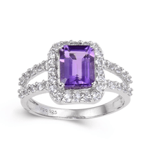 Load image into Gallery viewer, Amethyst Split Band Emerald Cut Ring, amethyst and white topaz ring, topaz sterling silver ring