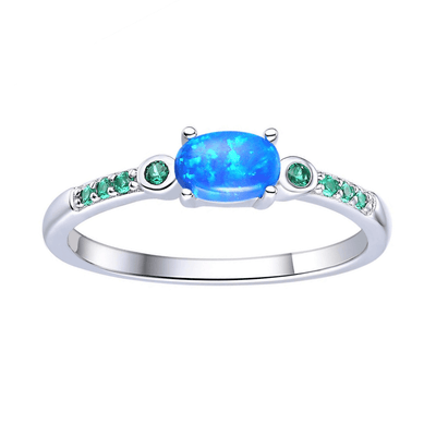 Blue Opal Oval Three Stone Ring, Lab grown oval cabochon opal ring, opal and emerald ring, affordable opal ring