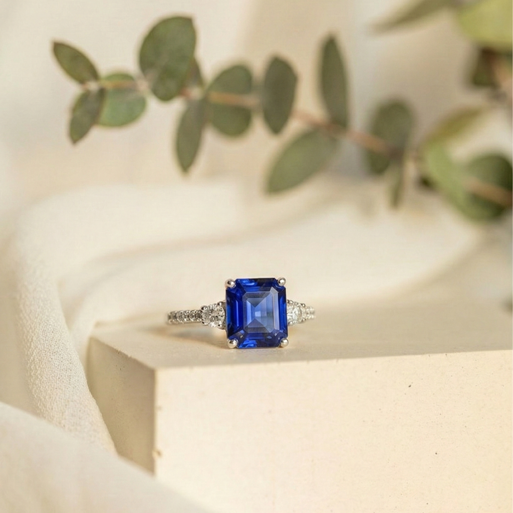 Ceylon Sapphire Asscher Cut Three Stone Ring