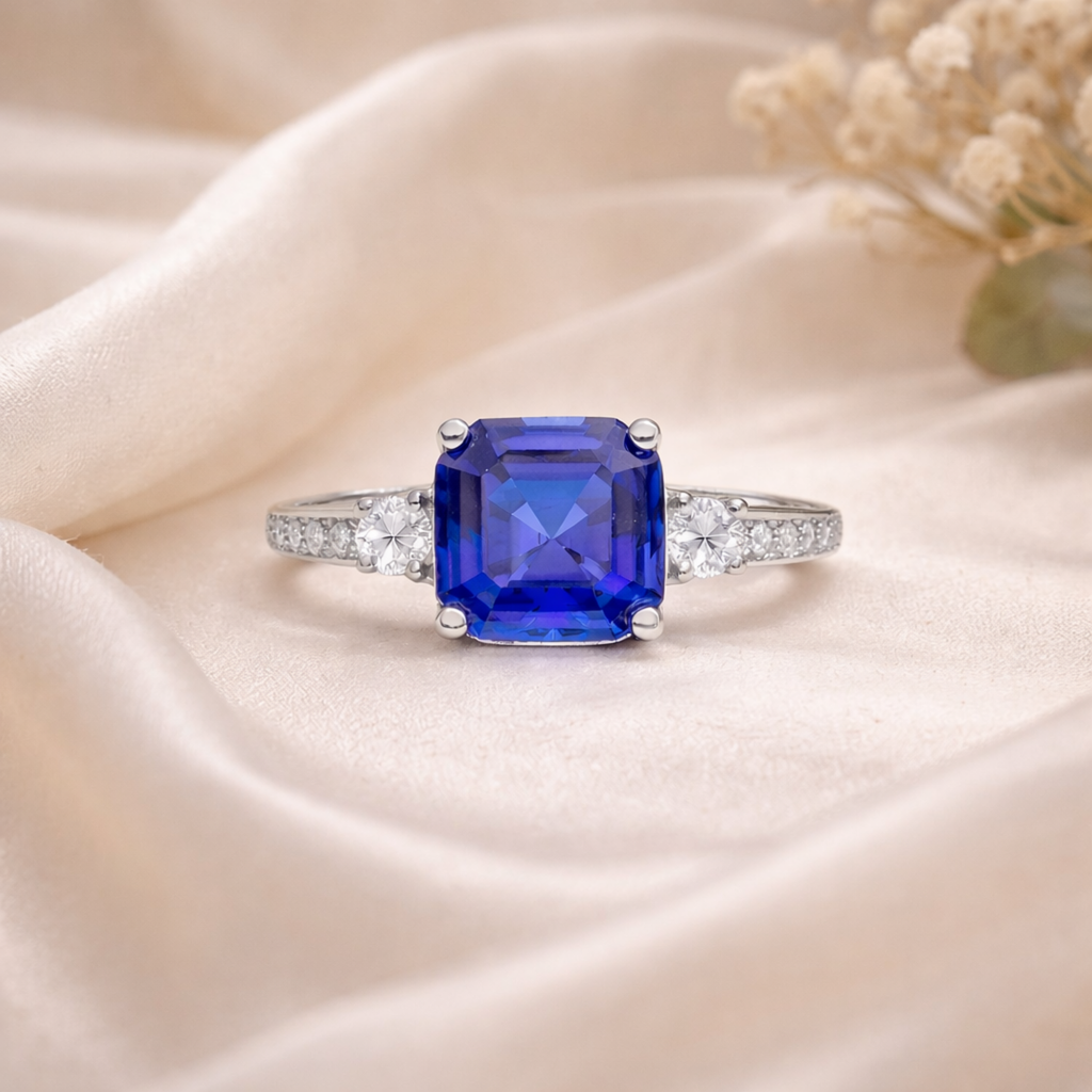 Ceylon Sapphire Asscher Cut Three Stone Ring