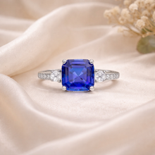 Load image into Gallery viewer, Ceylon Sapphire Asscher Cut Three Stone Ring