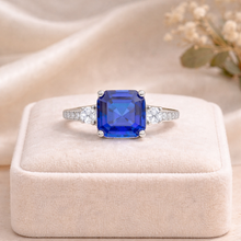 Load image into Gallery viewer, Ceylon Sapphire Asscher Cut Three Stone Ring