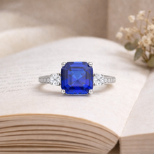 Load image into Gallery viewer, Ceylon Sapphire Asscher Cut Three Stone Ring