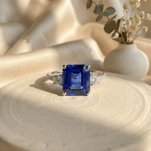 Load image into Gallery viewer, Ceylon Sapphire Asscher Cut Three Stone Ring
