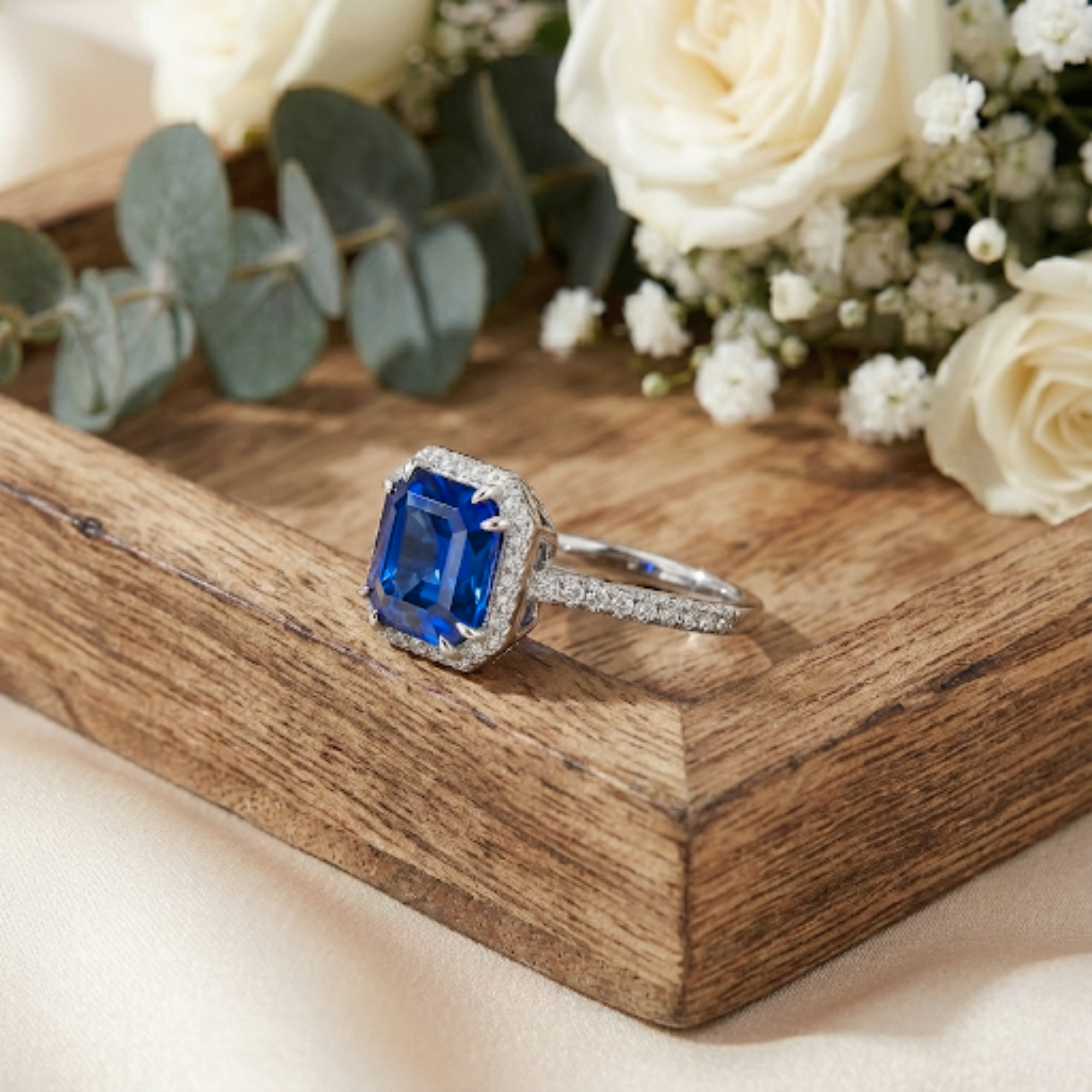 Ceylon Sapphire Asscher Cut Halo Ring