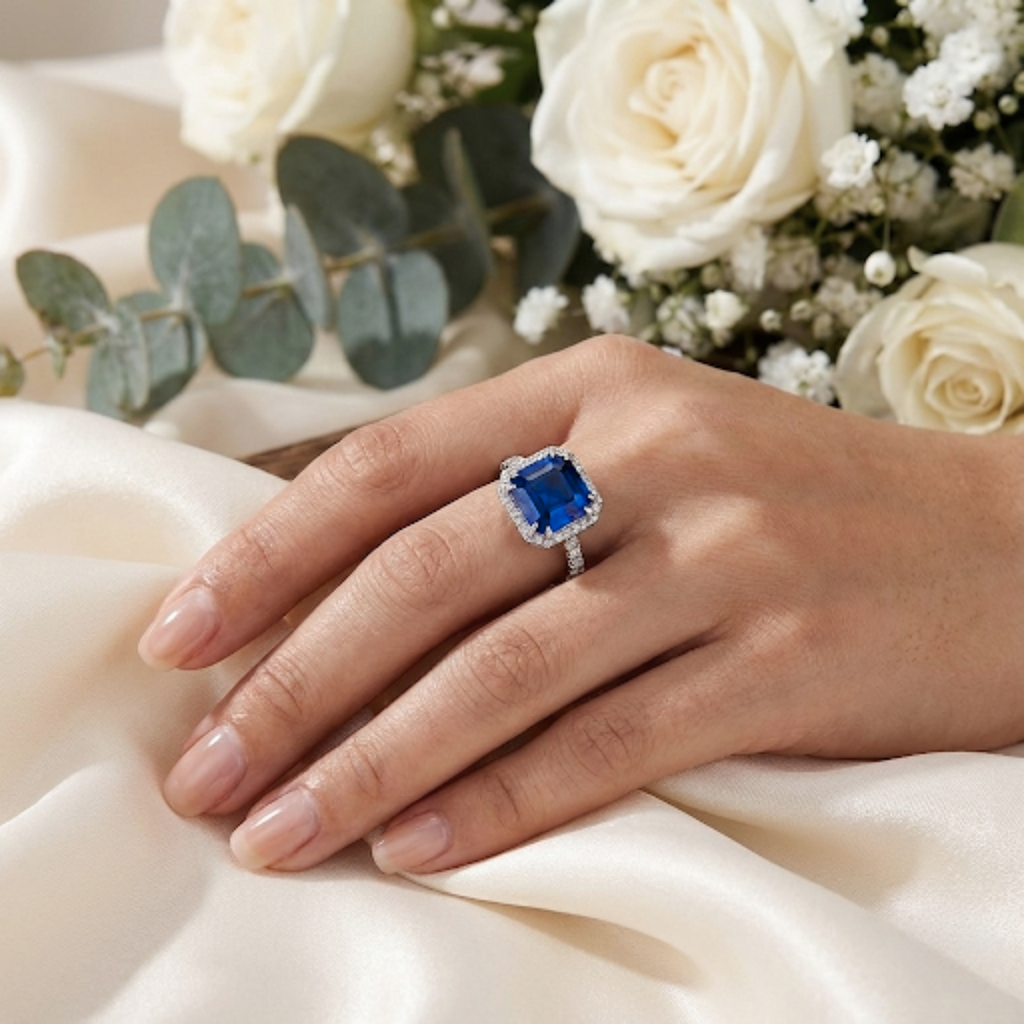 Ceylon Sapphire Asscher Cut Halo Ring