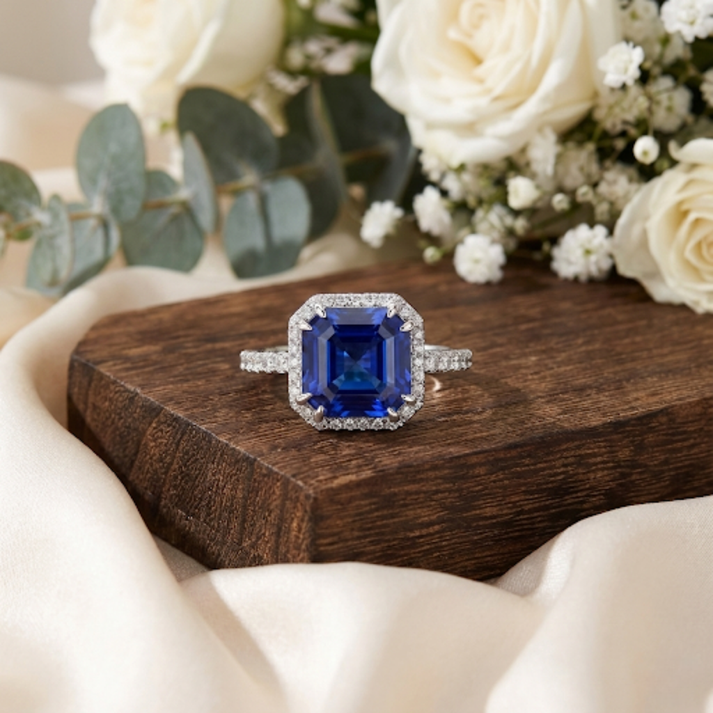 Ceylon Sapphire Asscher Cut Halo Ring