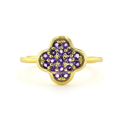 Dark Amethyst 18k Yellow Gold Plated Purple Clover Charm Ring for Good Fortune Silver February Birthday Gift - FineColorJewels