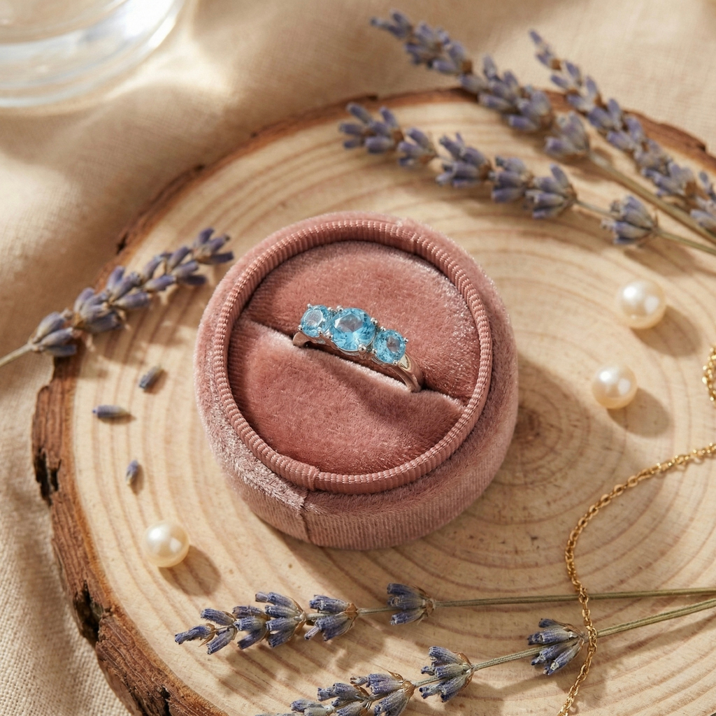 Natural Blue Paraiba Apatite Three Stone Ring
