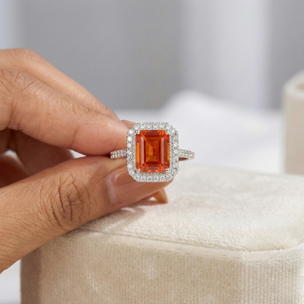 Octagon Peach Sapphire Halo Ring