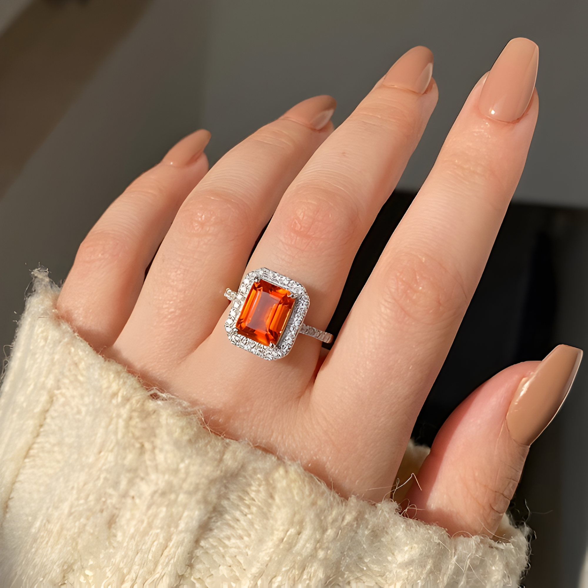 Octagon Peach Sapphire Halo Ring