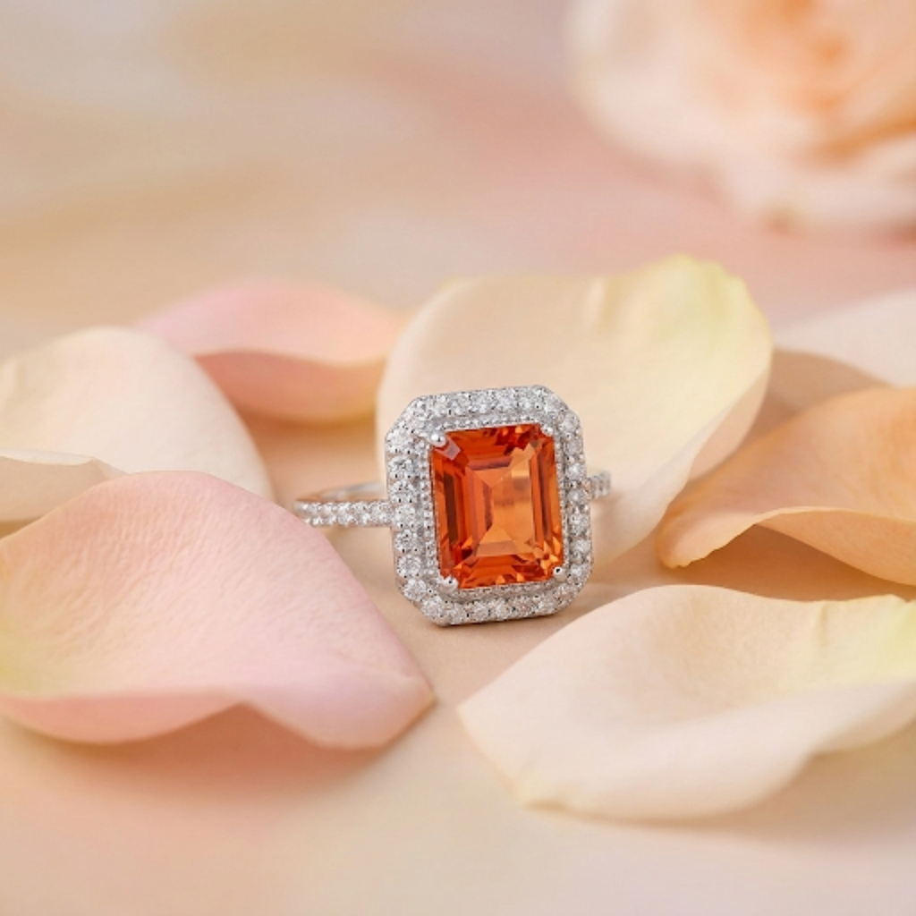 Octagon Peach Sapphire Halo Ring