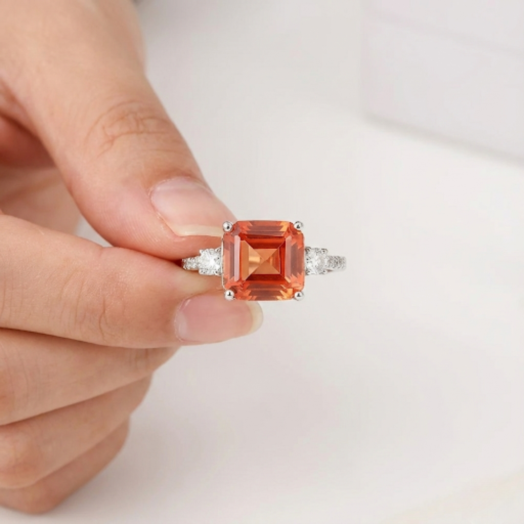 Peach Sapphire Three Stone Ring