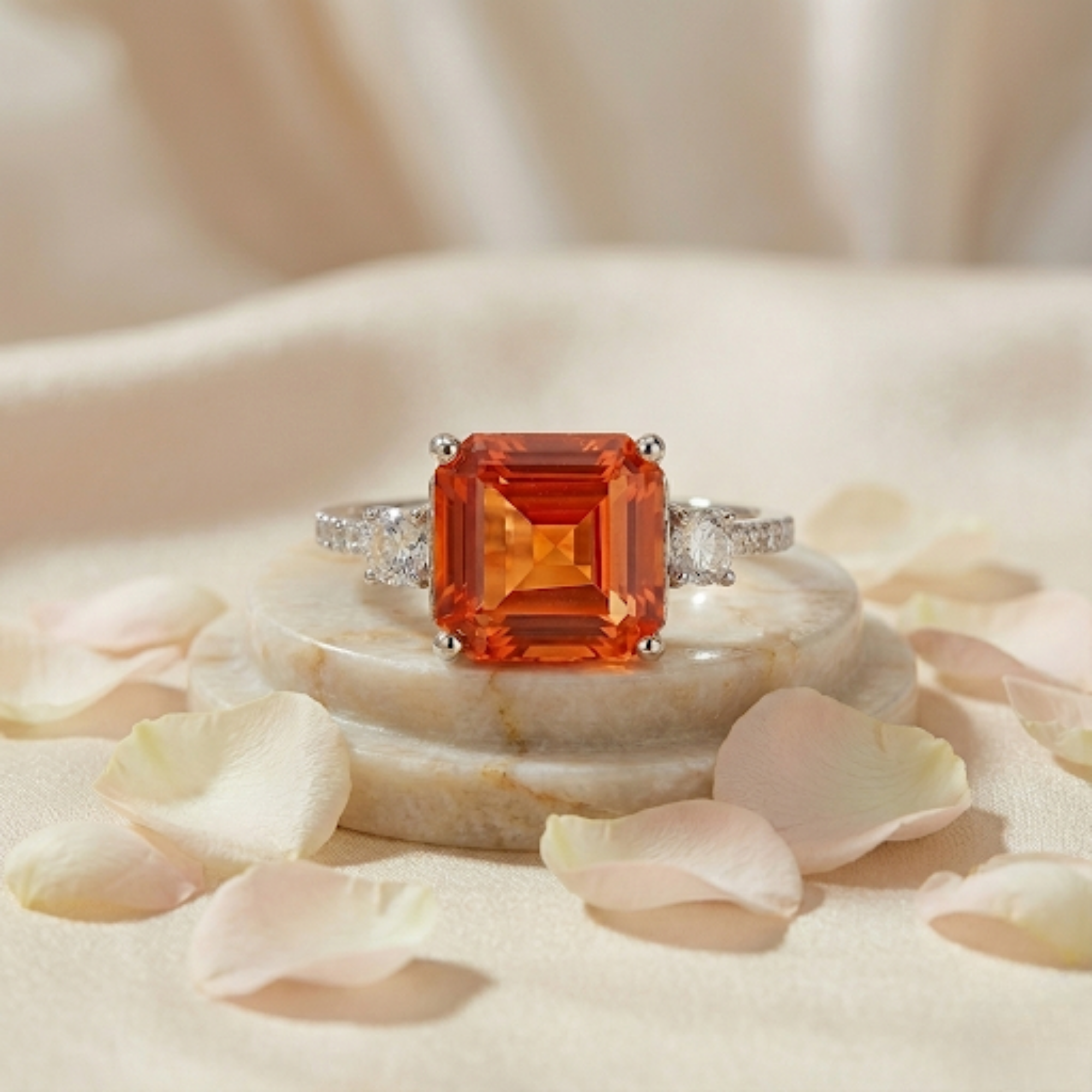 Peach Sapphire Three Stone Ring