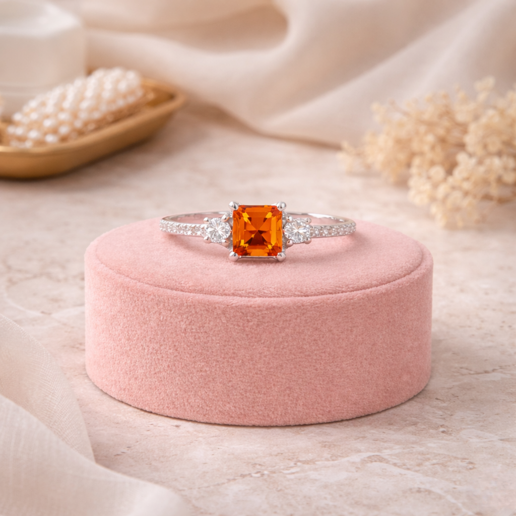 Peach Sapphire Three Stones Ring