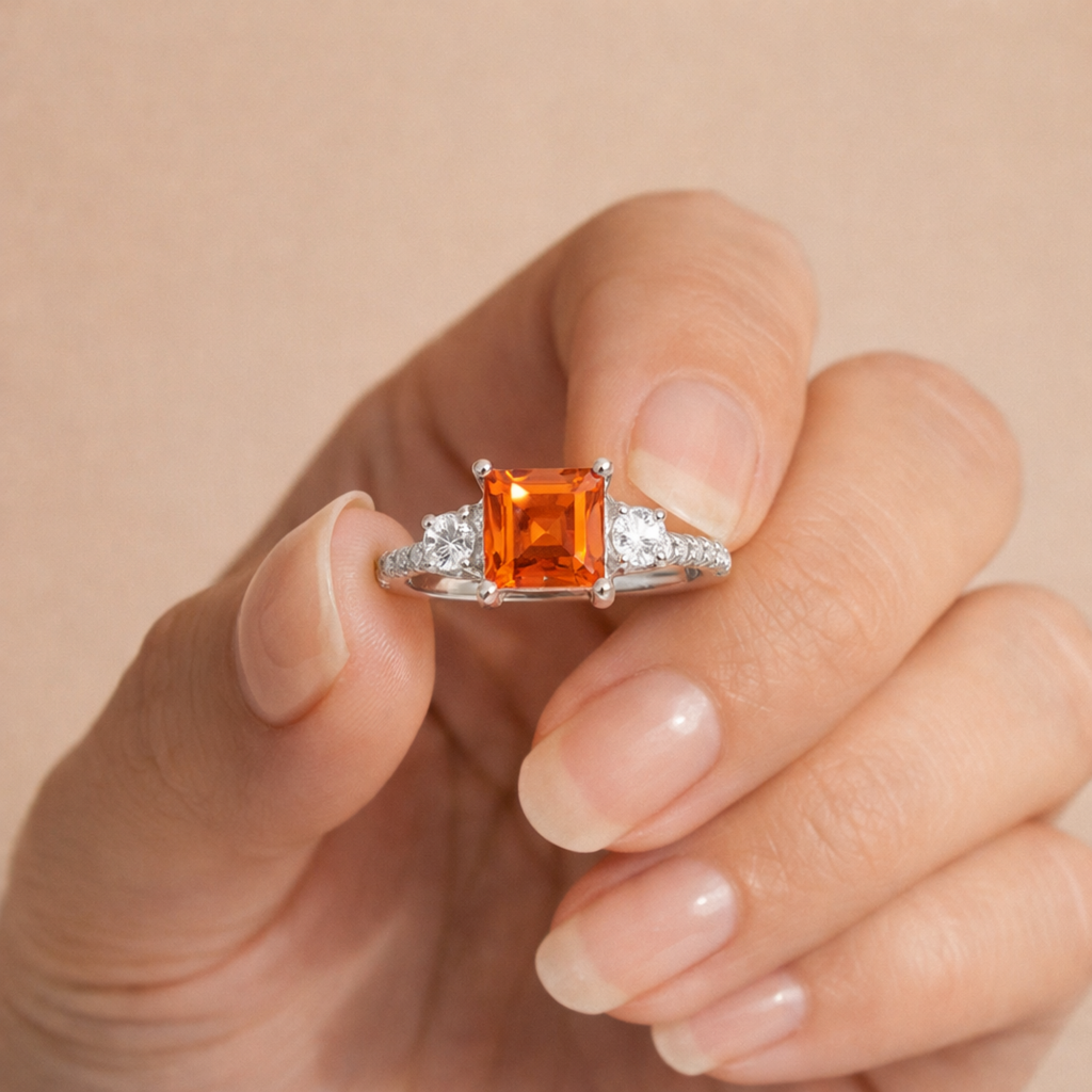 Peach Sapphire Three Stones Ring