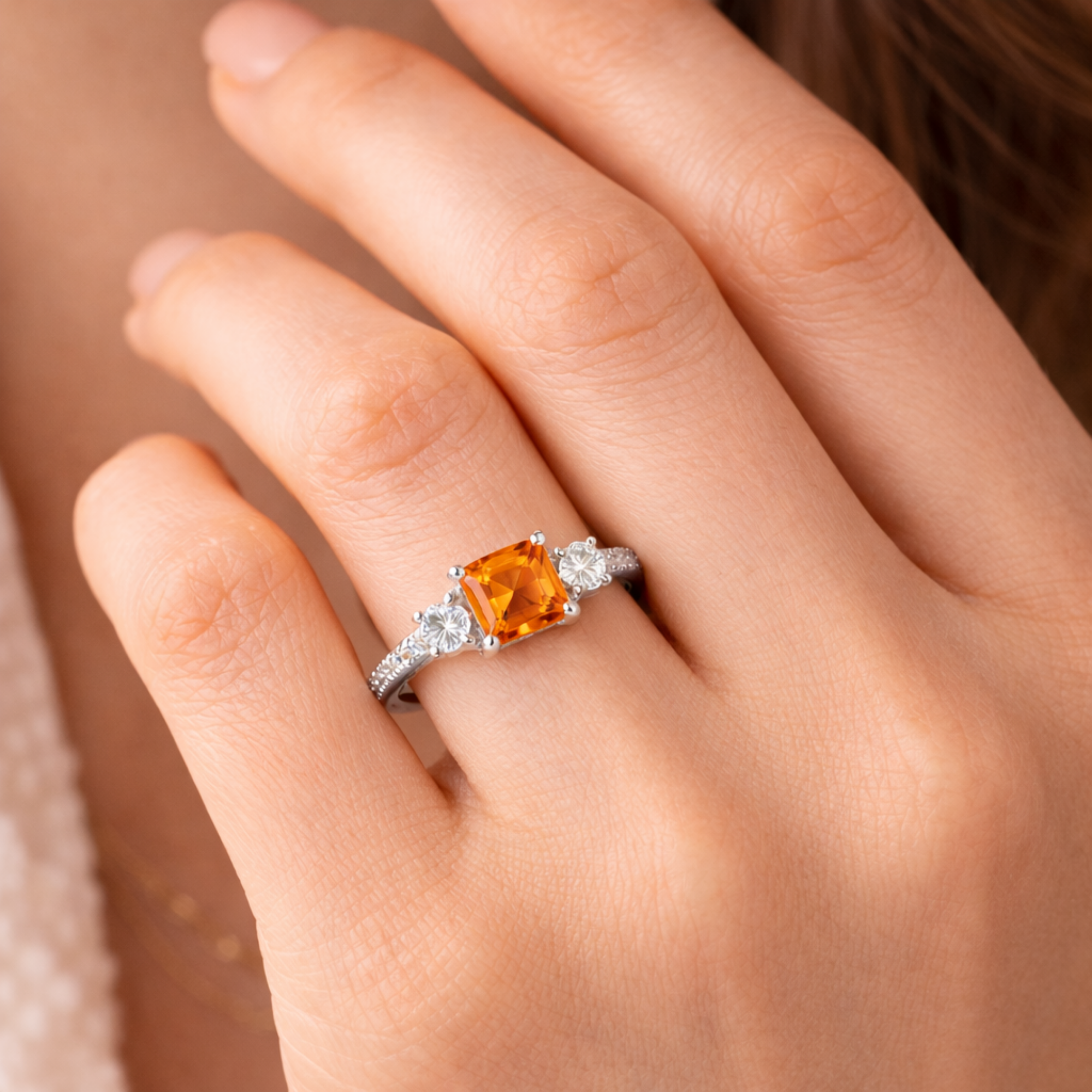 Peach Sapphire Three Stones Ring