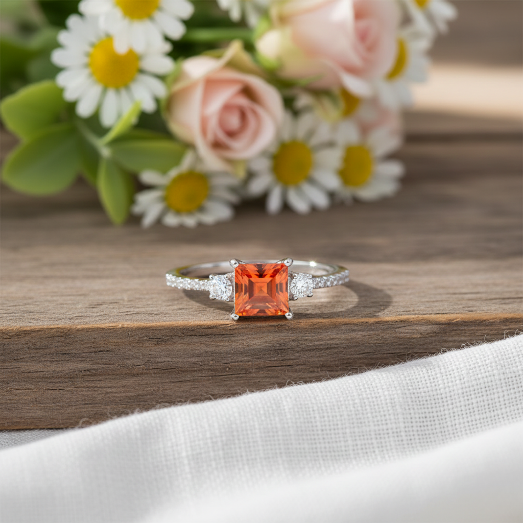 Peach Sapphire Three Stones Ring