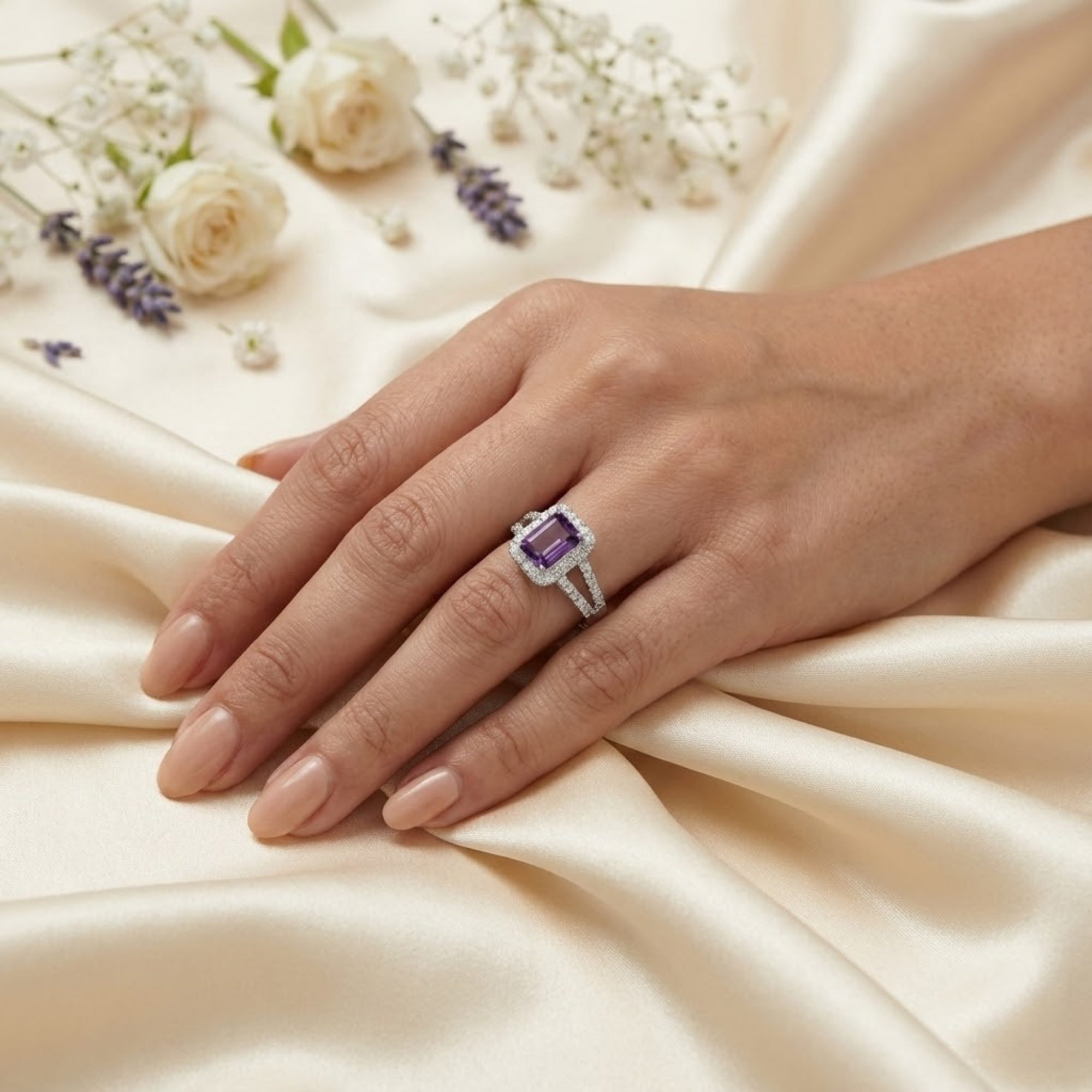 Natural Amethyst Octagon Halo Ring